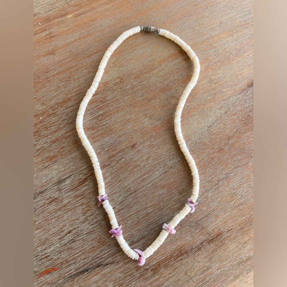 Puka bead necklace with purple wampum shells 16” long